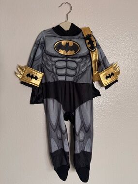 DC Batman Gray & Gold Muscle Jumpsuit Costume with Gauntlets